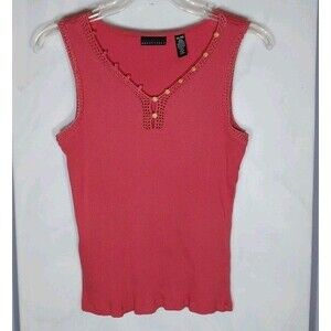 Y2K Coral Ribbed Knit Tank Top Womens XL Crochet Trim Button Detail Cotton